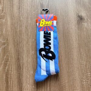 David Bowie Mens One Size 7-12 Blue White Stripe Graphic Novelty Crew Socks 1 Pr